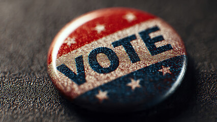 Close-up of a vote button with red, white, and blue design emphasizing the word vote