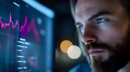 Professional trader analyzing financial data on computer screen with colorful charts and graphs in modern office environment at night.
