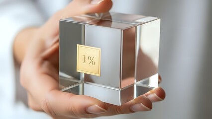 Female hands holding transparent glass cube with golden one percent label for financial investment banking interest rate concept.