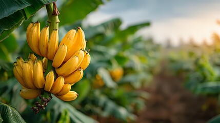 Naklejka premium Ripe yellow bananas hanging on tree branch in tropical plantation during golden hour sunrise with lush green foliage background for healthy eating concepts.