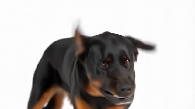 Playful rottweiler shaking head against white background in slow motion