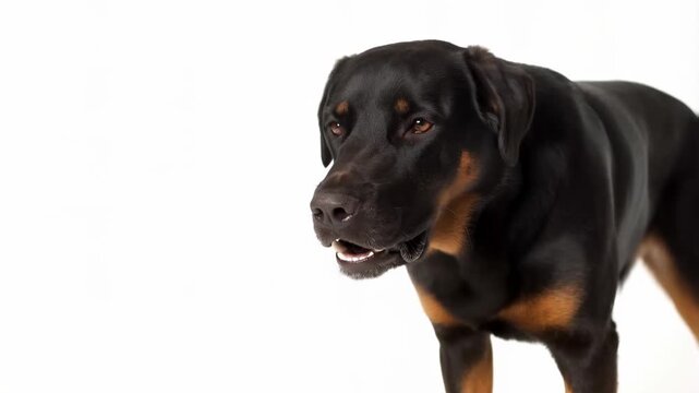 Curious rottweiler exploring white studio background in playful movement