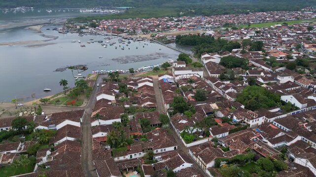 Paraty, Brazil: Aerial drone footage of church and harbor in Paraty, an old town in state of Rio de Janeiro, Brazil. WIth orbit motion