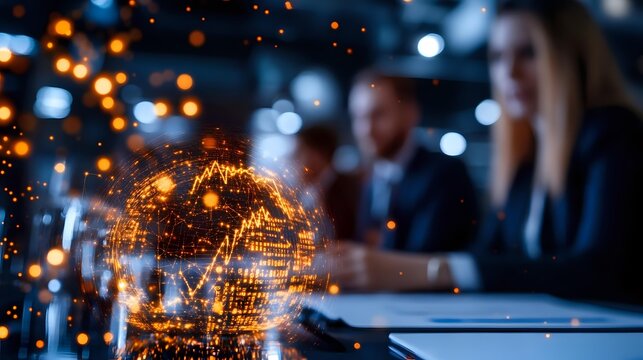 Golden wireframe globe with glowing network connections in modern business meeting with blurred professionals discussing global connectivity and technology. - Powered by Adobe