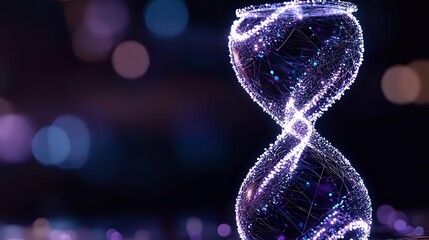 Glowing purple DNA double helix structure with sparkling particles against dark bokeh background for genetics research and biotechnology concepts.