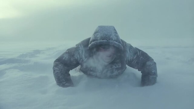 Determined explorer crawling through harsh snowstorm in barren arctic landscape