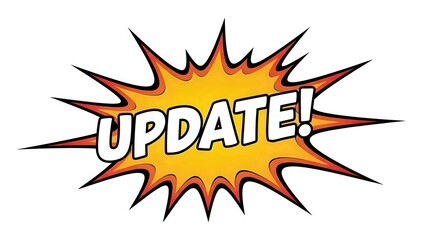 Comic book style explosion burst with UPDATE text in bold letters on orange and yellow gradient background isolated on white.