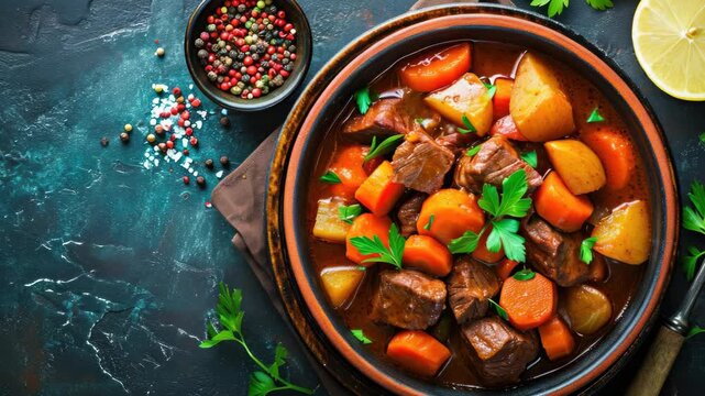 This captures a delicious beef stew, brimming with chunks of tender meat and colorful vegetables in a rustic earthenware pot. The dish is garnished with fresh herbs, adding to its appetizing appeal.