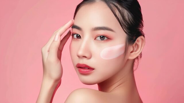 A woman touching her cheek with a blush brush, showcasing makeup application technique against a pink background.