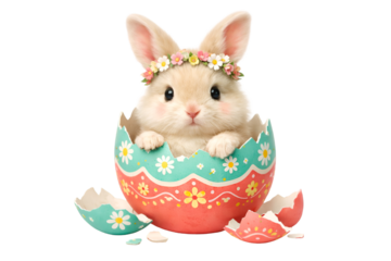 Cute baby bunny sitting inside a decorated cracked Easter egg shell isolated on transparent background