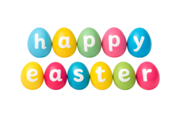 Happy Easter greeting text on colorful painted eggs over isolated on transparent background
