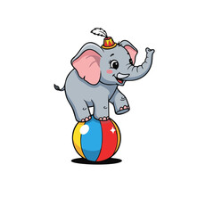 Cute Circus Elephant Balancing on Ball Illustration,  Baby Elephant Character Vector Art on White Background
