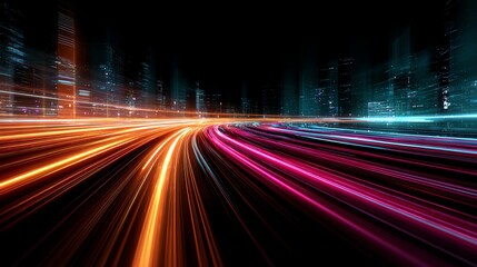A vibrant long exposure photograph capturing the dynamic movement of lights on a city street at night. The colorful streaks of light create a sense of speed and motion.