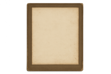 Vintage blank paper sheet inside old brown frame with worn edges, empty retro template on transparent background