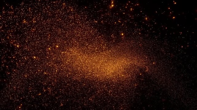 Dynamic burst of glowing particles expanding in dark space with fiery aura