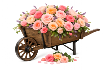 Rustic wooden wheelbarrow filled with beautiful pink and peach roses isolated on transparent background