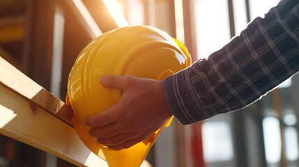 Safety First: Hand placing protective yellow hard hat on wooden beams at a construction site, emphasizing workplace safety. Bright sunlight.