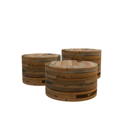 Three round woven baskets made of natural fibers