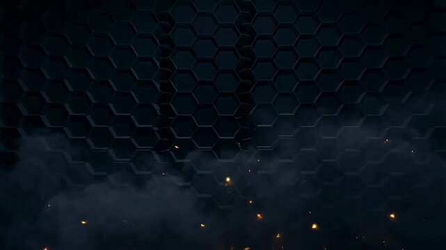 Abstract hexagonal pattern with dynamic smoke and sparks for industrial background