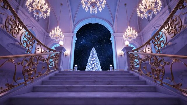 majestic palace staircase scene with lavender purple steps golden decorative railings ascending upward toward star filled night sky ornate ceiling chandeliers soft blue lighting frosted christmas tree