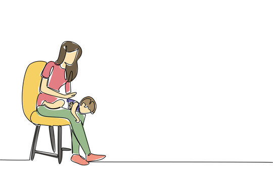 Single continuous line drawing a mother sitting on a chair puts her baby on her lap and pats her back. Choking on food. Accident. National Heimlich Maneuver Day. One line design vector illustration