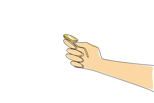Single one line drawing coin placed on the thumb and index finger, ready to flip a coin. Draw the first game start. The wise way. Luck. Flip a Coin Day. Continuous line design graphic illustration
