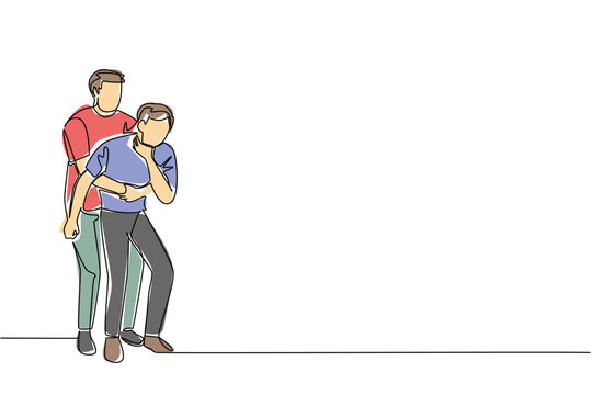 Continuous one line drawing a man performs the Heimlich maneuver on another man holds neck. Appropriate first aid measures. National Heimlich Maneuver Day. Single line draw design vector illustration