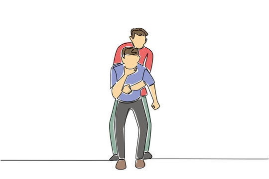 Single one line drawing front view, a man performs the Heimlich maneuver on another man holding his neck. Appropriate action National Heimlich Maneuver Day. Continuous line design graphic illustration