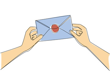 Single continuous line drawing a pair of hands holding a letter. Writing letters maintains friendship. Technology before the internet. Best friend. Pen Pal Day. One line design vector illustration
