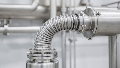 Medium shot focusing on flexiblehose stainless process piping highlighting adaptability and secure connections in a sanitary liquid transfer system.