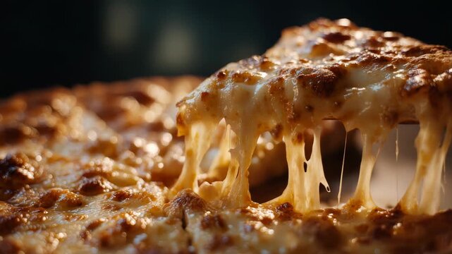 Close-up of a slice of cheesy, gooey, melted pizza with stretchy cheese strings