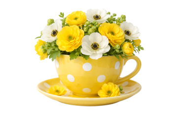 Yellow polka dot teacup filled with fresh yellow and white flowers isolated on transparent background
