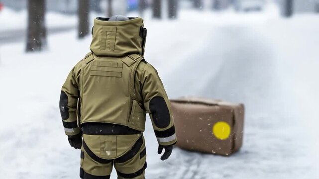 EOD Technician in Bomb Suit on Snowy Street with Suspicious Package