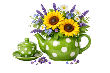 Sunflower floral arrangement in green polka dot teapot and tea cup isolated on transparent background