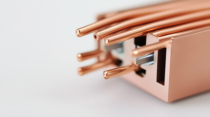 Detailed shot showcasing copper tubes affixed to a metal component, set against a clean, white backdrop. The composition highlights the craftsmanship and material details.