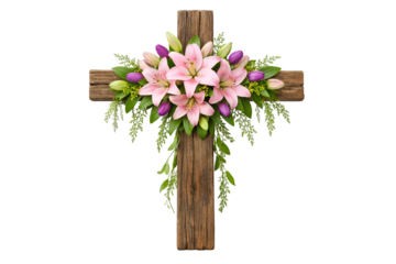 Wooden Christian cross decorated with pink lily flowers and green leaves for Easter isolated on transparent background
