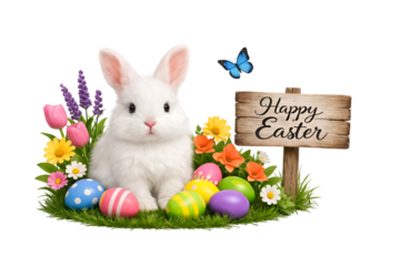 Cute white Easter bunny rabbit with colorful eggs and happy easter sign in grass isolated on transparent background