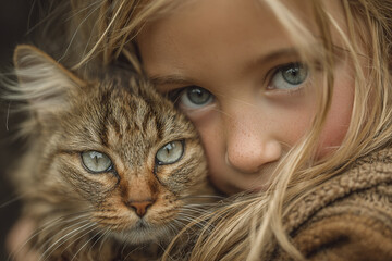 Emotional close up portrait of child with blue eyes hugging fluffy tabby cat with green eyes, showing tender bond and soft natural light highlighting their faces
