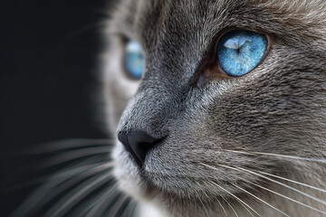 Expressive blue eyed cat portrait with soft fur and detailed whiskers, shallow depth of field highlights intense gaze and texture of animal face in close up view