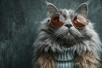 Fluffy gray cat wearing round sunglasses and knitted sweater looks confident and stylish against dark textured background, showcasing modern pet fashion and attitude