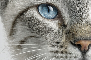 Close up of cat face showing detailed fur texture and striking blue eye with soft lighting creating calm and captivating mood in this fine art style portrait
