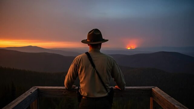 Scenic Sunset View by Male Park Ranger Overlooking Wilderness Fire Landscape