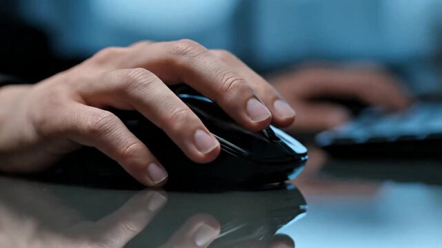 Video, close-up, employee's hand holding a wireless computer mouse on a shiny desk, illustration of a company, industry, technology. 