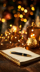 Notebook and pen surrounded by Christmas decor. New Year planning, time management, goals, and yearly reflection. Lifestyle flat lay  for productivity, organization, and seasonal planning content.