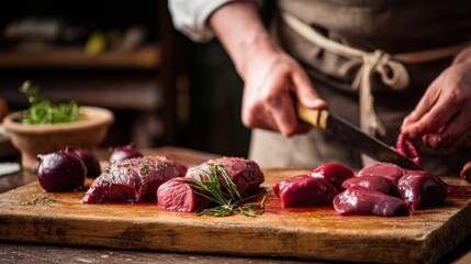 Closeup of a butcher arranging fresh organ meats including rich liver pieces on a wooden cutting board in a rustic kitchen setting.