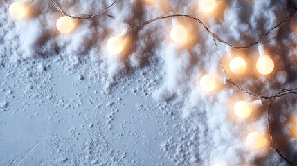 Snow texture illuminated by warm garland bokeh creating a soft winter atmosphere. Abstract seasonal background with copy space, mockups, holiday designs, banners, and festive visual layouts.