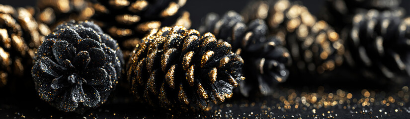 Pine cones covered with gold shimmer and glitter on a dark background. Luxury winter texture ideal for Christmas decor, seasonal designs, branding, backgrounds.
