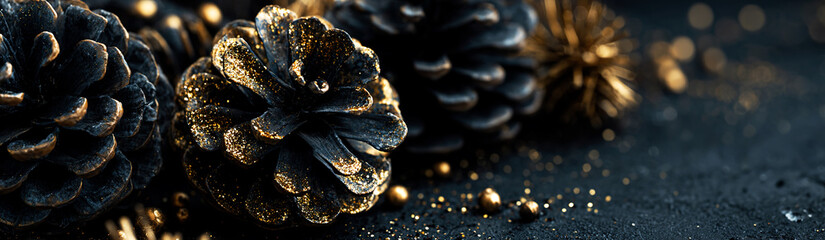 Ultra wide background of dark pine cones with gold accents, glitter, shimmer, and soft bokeh. Elegant winter holiday texture designed for banners, headers, luxury layouts, visual branding.