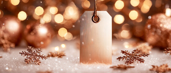 Empty tag mockup placed among Christmas decorations with gold shimmer and glitter. Festive winter sale concept for marketing campaigns, holiday promotions, Christmas and New Year advertising visuals.