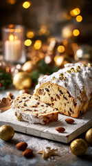 Christmas stollen topped with nuts and powdered sugar representing homemade holiday baking. Cozy winter food scene for food blogs, festive menus, seasonal recipes, and holiday celebration visuals.